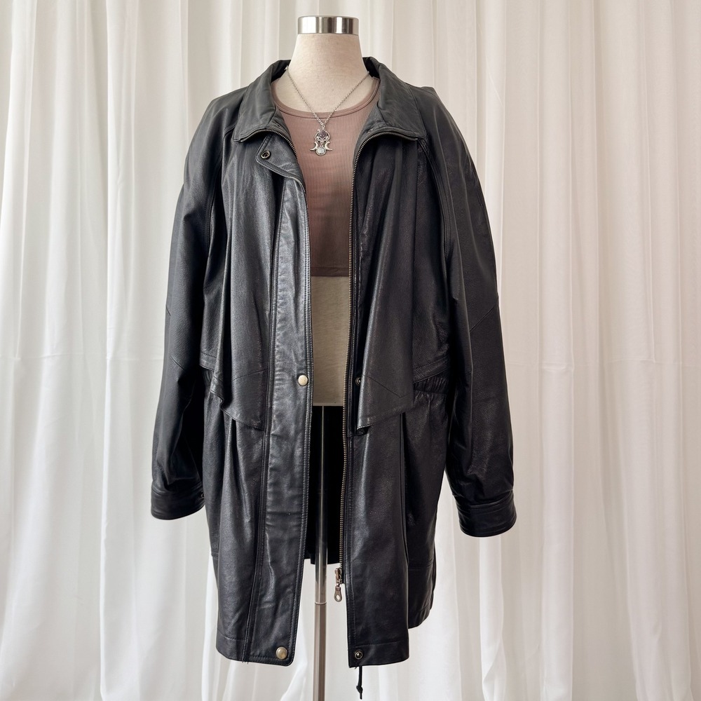Vintage Black Leather Trench Coat Belted Jacket Oversized 90s Minimalist XL
